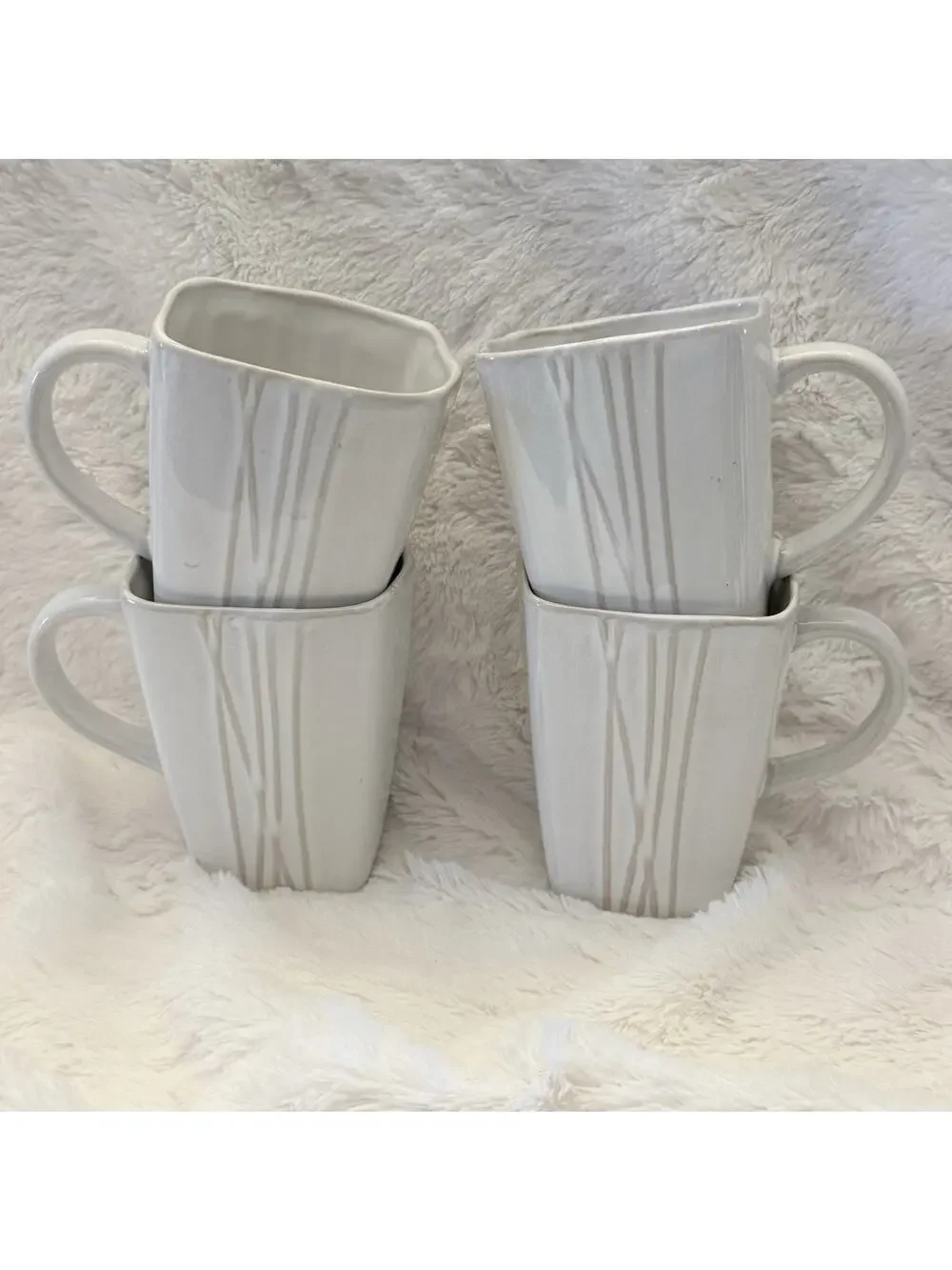 Set of 4 Pier 1 Sakui Stoneware Mug Set White Square - No Chips / Cracks H